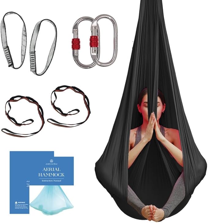 Aerial Silk Yoga Hammock & Swing for Home, Inversion Exercises, Starter Kit for All Levels - Durable with Extension Straps, Carabiners, and Pose Guide