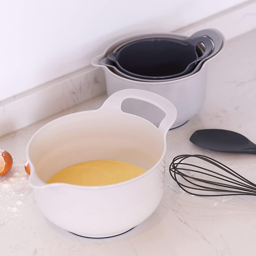 BoxedHome 4 Pack Nesting Mixing Bowl with Pour Spout and Handle, BPA free Microwave & Dishwasher Safe(Grey, 4 Pack with Handle)