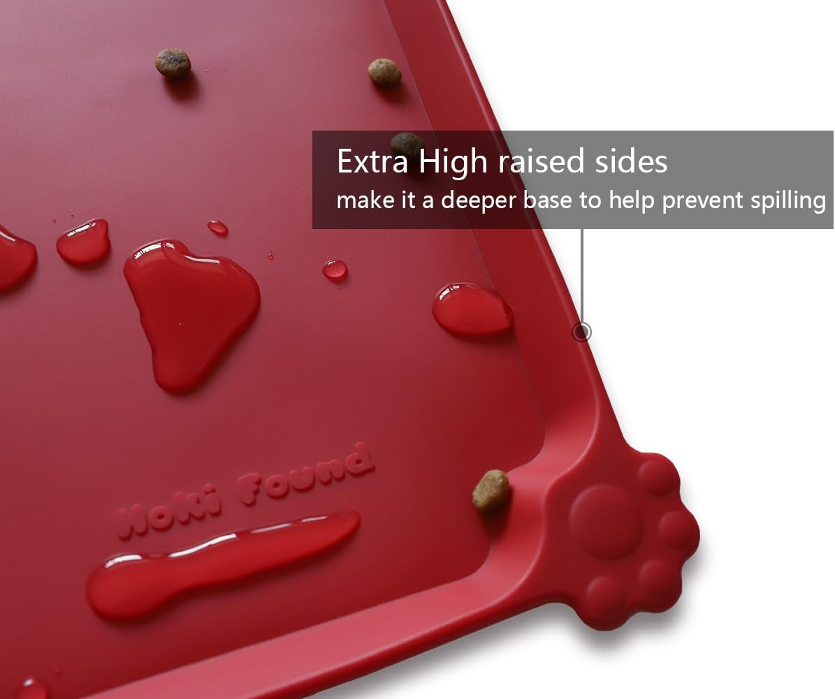 Hoki Found Large Silicone Non-Slip Pet Dog Cat Bowl Mats - Waterproof Dog Cat Food Mats - Classic Red