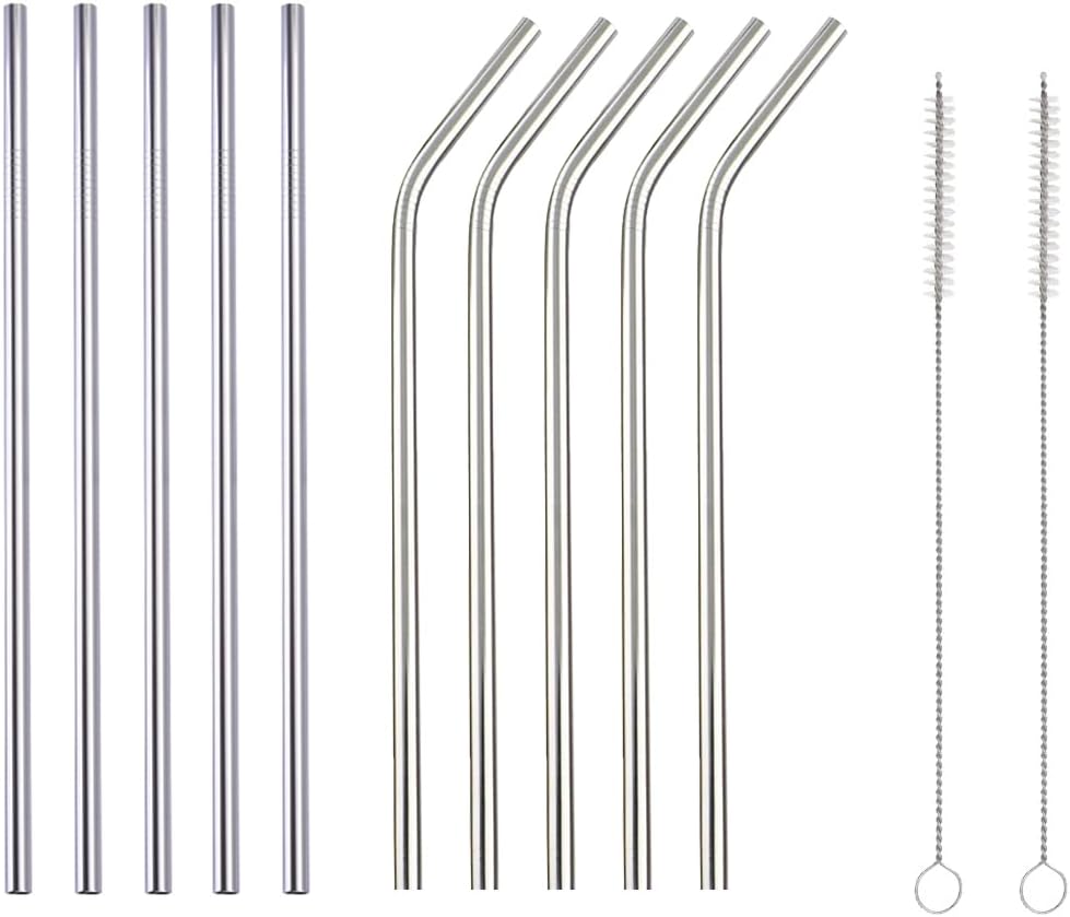 10 Pcs Stainless Steel Straws, Reusable Drinking Straws, 5 Straight + 5 Bent Metal Straws Set With 2 Pcs Cleaning Brushes (Silver, 10.5 Inch)