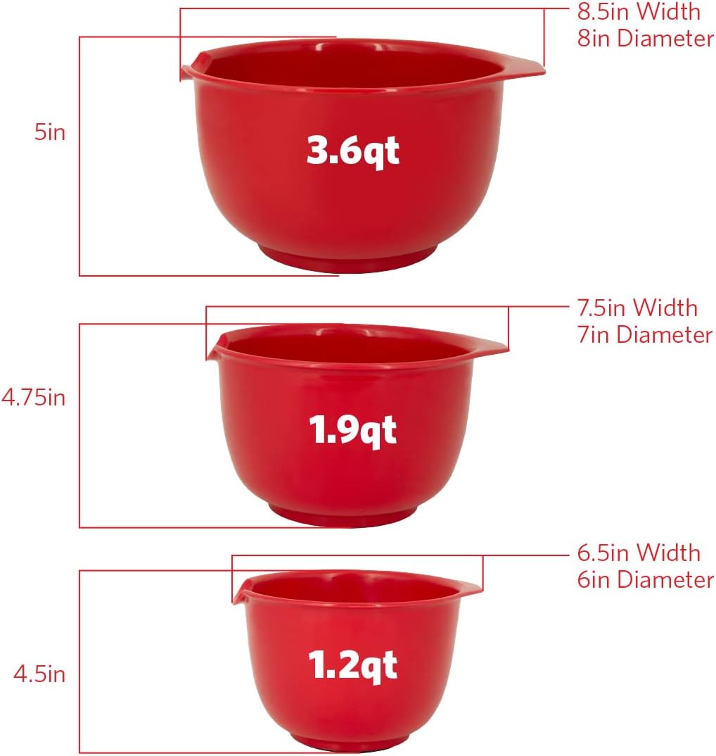 GLAD Mixing Bowls with Pour Spout, Set of 3 | Nesting Design Saves Space | Non-Slip, BPA Free, Dishwasher Safe Plastic | Kitchen Cooking and Baking Supplies, Red