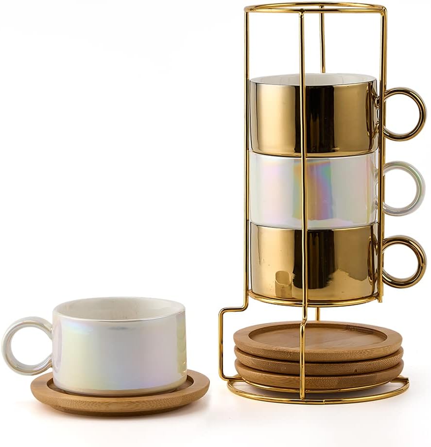 LUKA Porcelain Espresso Cup with Saucers and Metal Stand - 6 Ounce Stackable Ceramic Demitasse Espresso Mugs Cappuccino Cups Set for Latte, Coffee, Cafe Mocha, Tea - Set of 4,Shimmer Golden