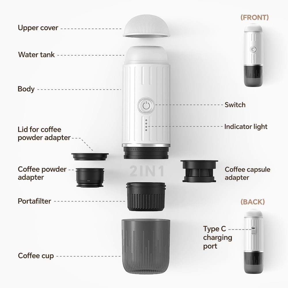 BENFUCHEN Portable Electric Espresso Machine, Travel Coffee Maker for Camping, On the Go Car Coffee Maker Self-Heating with USB-C, With Ground Coffee & N Espresso Capsule for RV/Hiking/Office, White