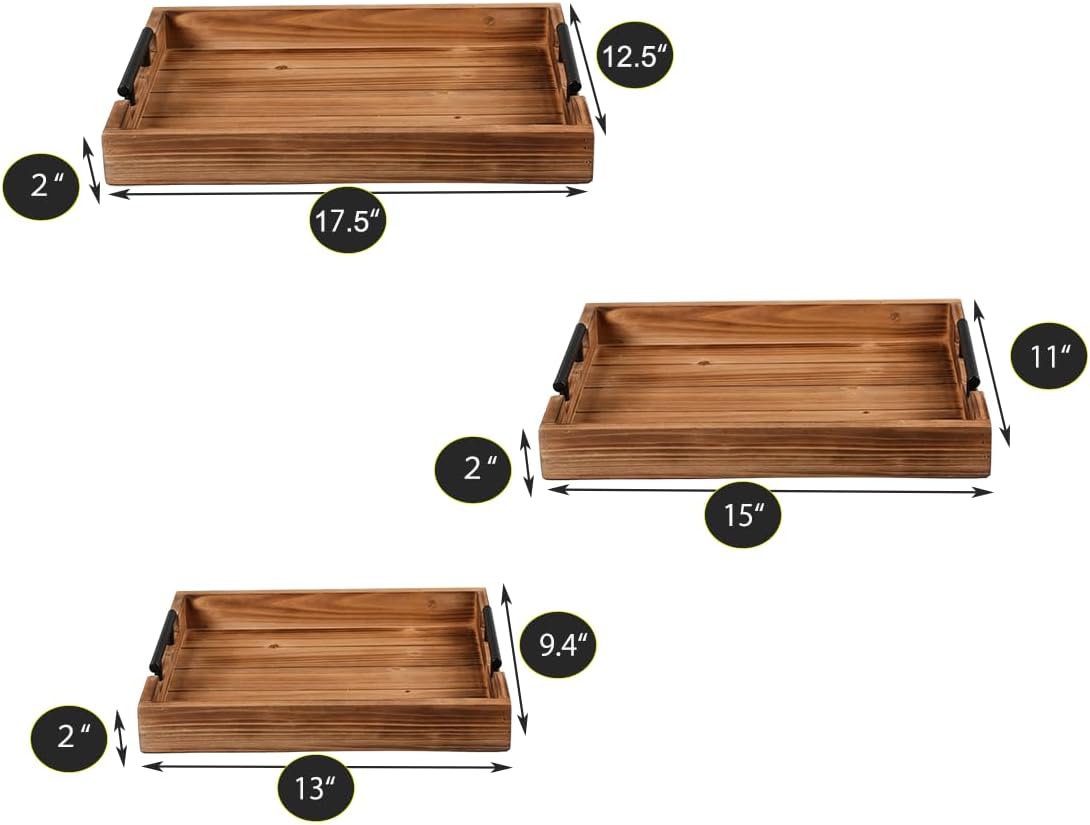 Coffee Table Tray Decorative Nested Vintage Wood Serving Tray Set for Eating, Breakfast, Party, Kitchen, Ottoman,Tea Coffee Table Large Ottoman Trays (Wood, 3Pc)