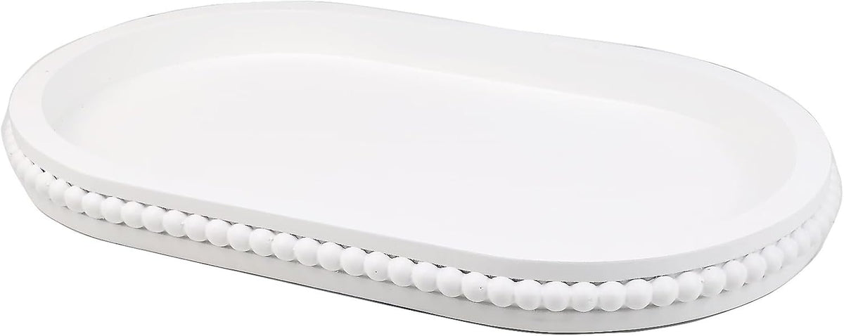 Oval Wood Serving Tray with Wooden Beads, Outdoor Farmhouse Decorative Tray for Ottoman, Coffee Table, Kitchen Counter Organizer, Home Decor(White)