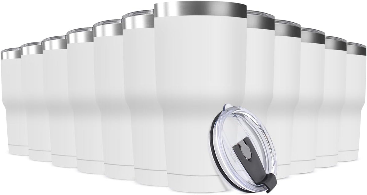 30oz Stainless Steel Travel Mug with Lid, 12 Pack Double Wall Vacuum Insulated Bulk Tumbler, Powder Coated Coffee Cup Suitable for Vehicle Cup Holders (White)