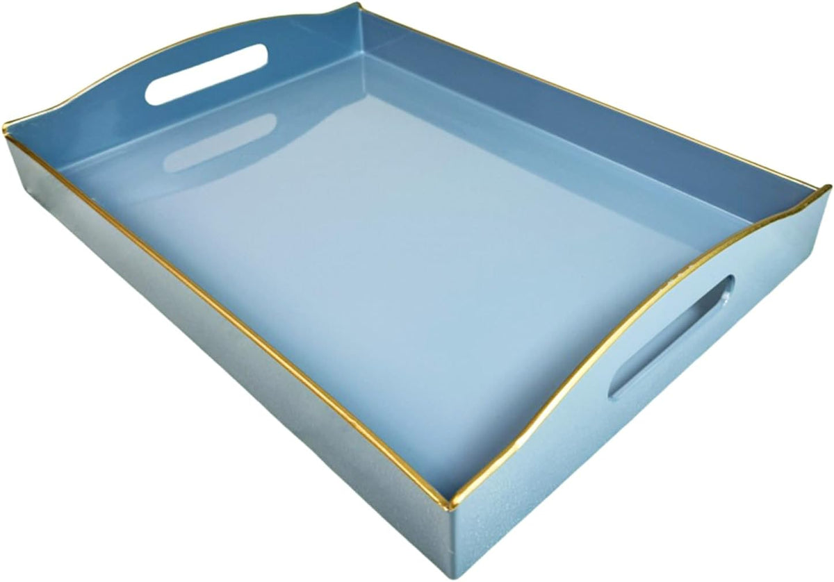 Blue Serving Tray with Handles, Plastic Decorative Tray for Coffee Table, Ottoman - Ideal for Living Room & Bathroom. 15” x 11” x 2.5”