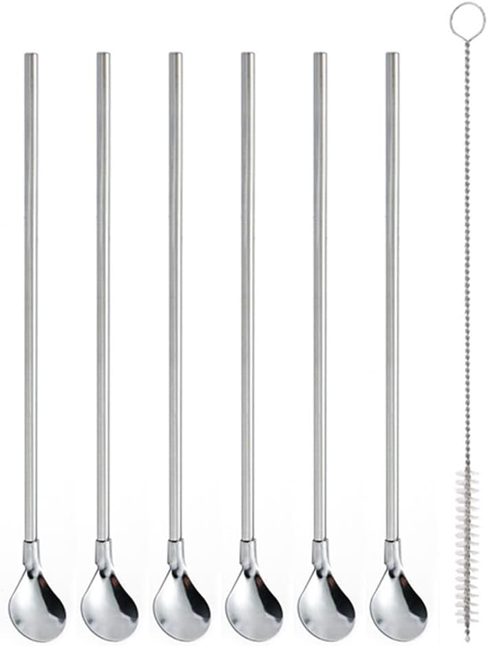 Reusable Stainless Steel Long Handle Straws Spoon, 6 Pieces 8.6", with 1 Cleaning Brush (circular)