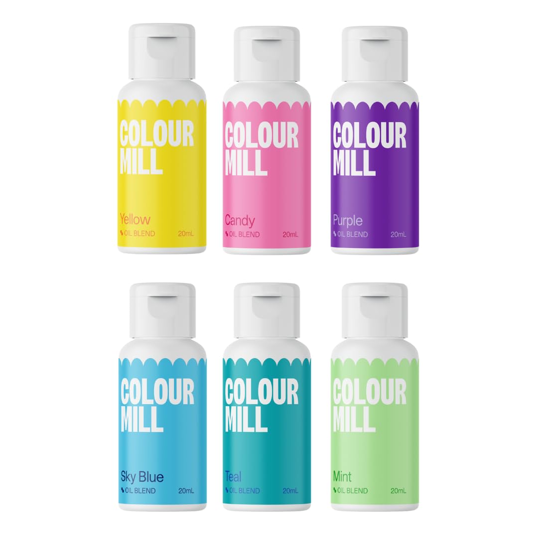 Colour Mill Pool-Party Pack Oil-Based Food Coloring, 20 Milliliters Each of 6 Colors: Candy, Mint, Purple, Sky Blue, Teal and Yellow 4.08 Fl Oz 120 milliliters
