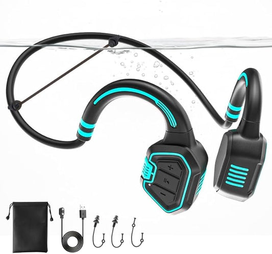 Bone Conduction Swimming Headphones – IP68 Waterproof Bluetooth 5.3 Open-Ear with 32GB MP3 Player, Swim Training Headset for Pool & Open Water, Blue