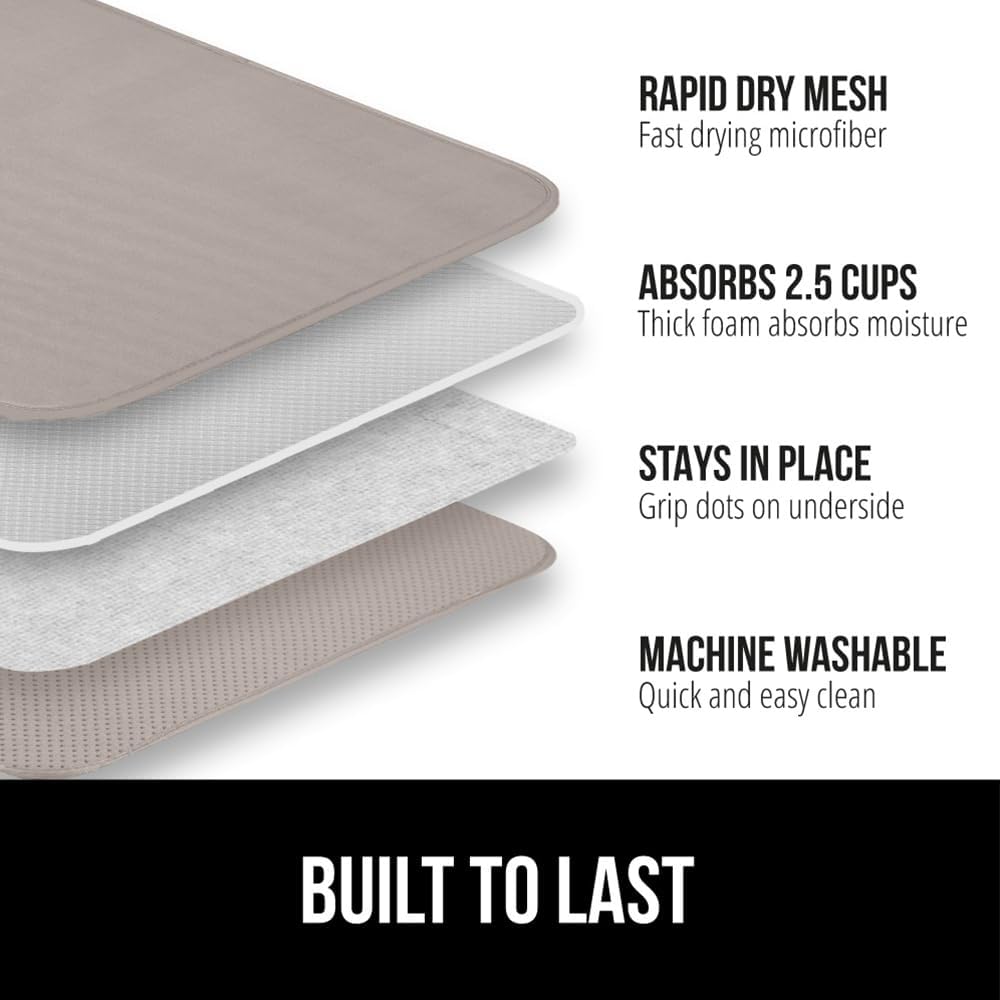 GORILLA GRIP Ultra Water Absorbent Microfiber Dish Drying Mat, Quick Dry Thick Mesh, Slip Resistant Pad for Sink Dishes or Under Rack, Kitchen Counter Accessories, 16x18, Machine Wash, 2 Pack Almond