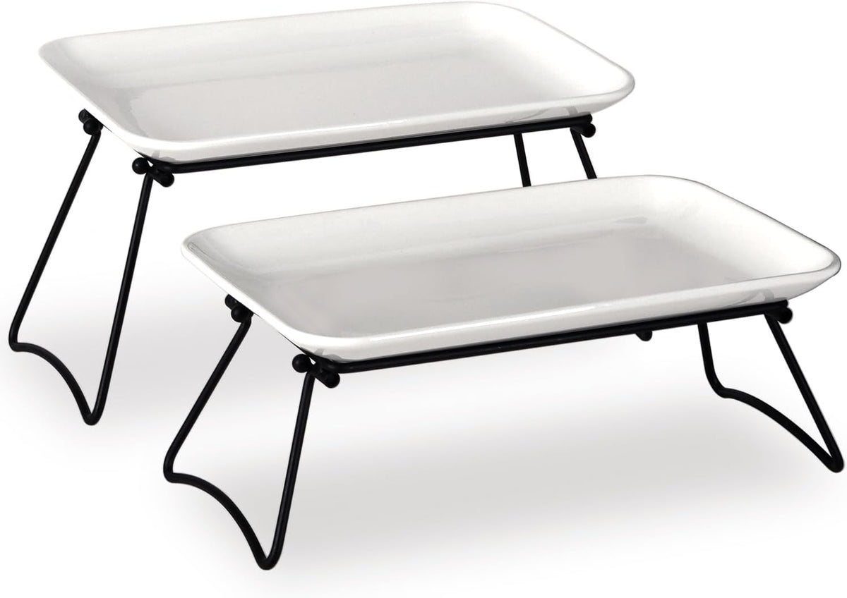 HAPPY KIT 12 Inch 2 Tier Serving Tray,Tiered Tray Stand with Freely Combinable Rack,Serving Platter for Appetizer Steak Chips Dessert, Black
