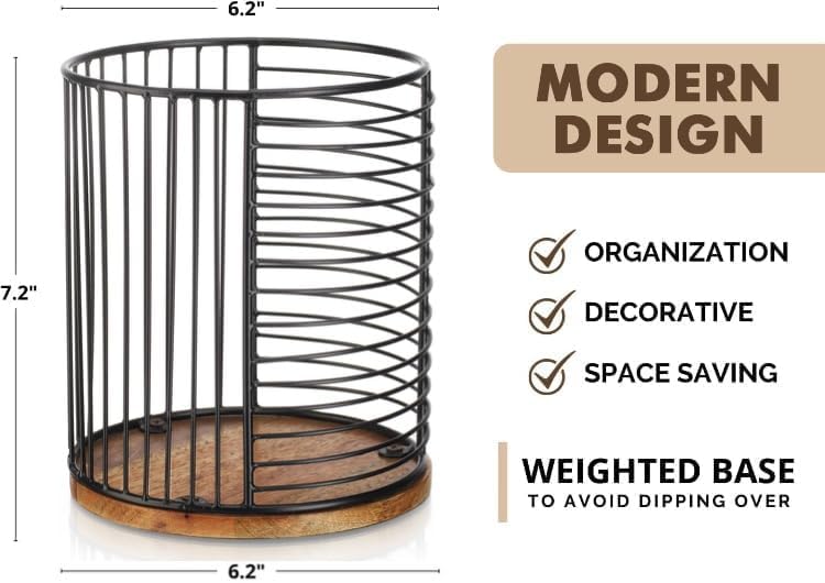 MosJos Coffee Pod Storage Holder, Metal Wire Basket with Wood Base, Countertop Coffee Capsule Organizer (89357)