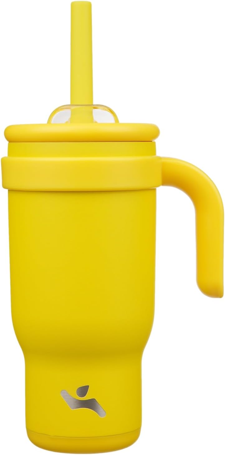 18 oz Tumbler with Side Handle, Insulated Water Bottle with Straw and 2 in 1 Lid, Stainless Steel Cup Travel Coffee Mug for Sports Office Gym,Yellow
