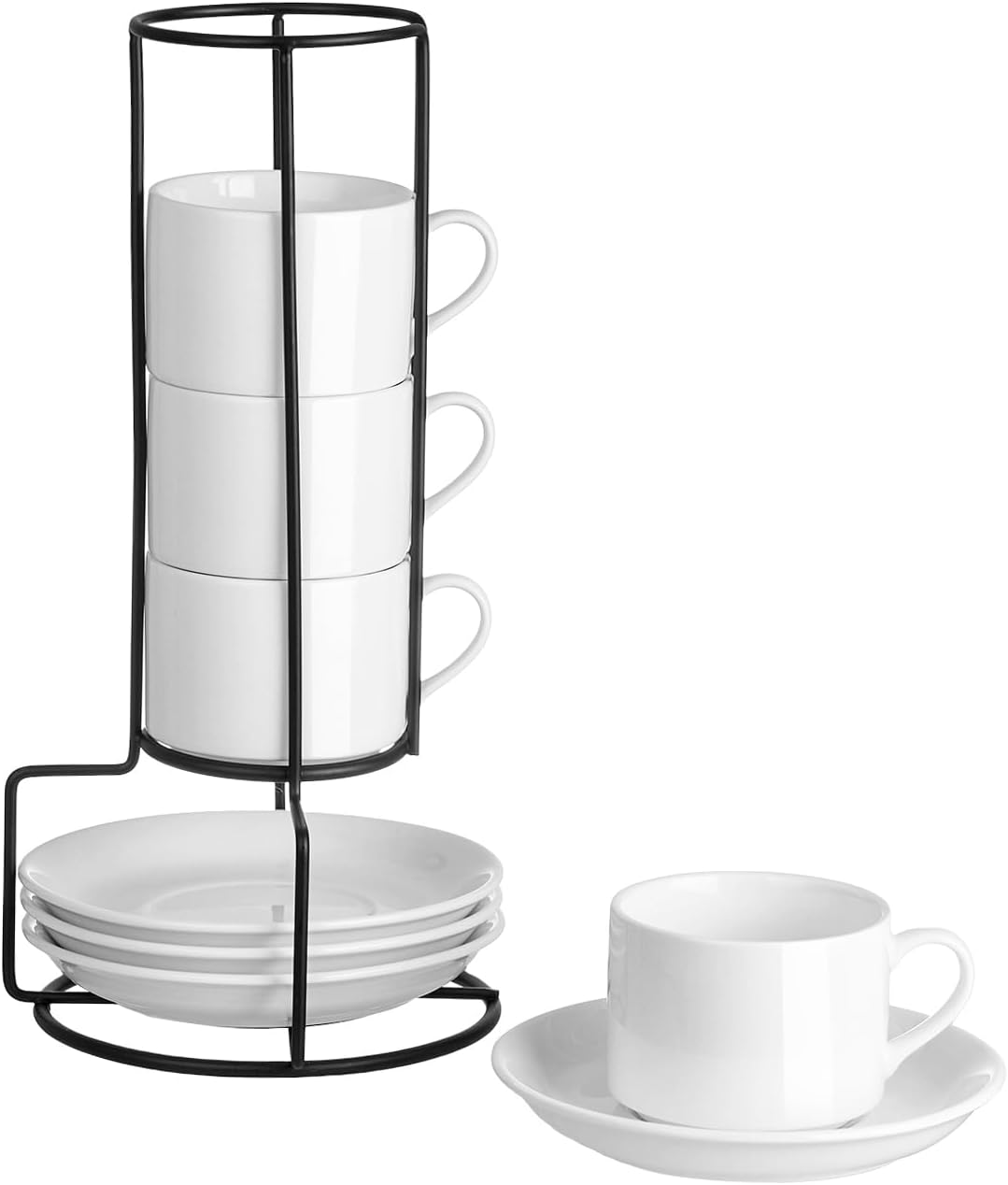 4oz Porcelain Stackable Espresso Cups with Saucers and Metal Stand Set of 4, Stackable Cappuccino Cups, White Expresso Shots Cup Set for Coffee Drinks, Latte, Americano, Tea