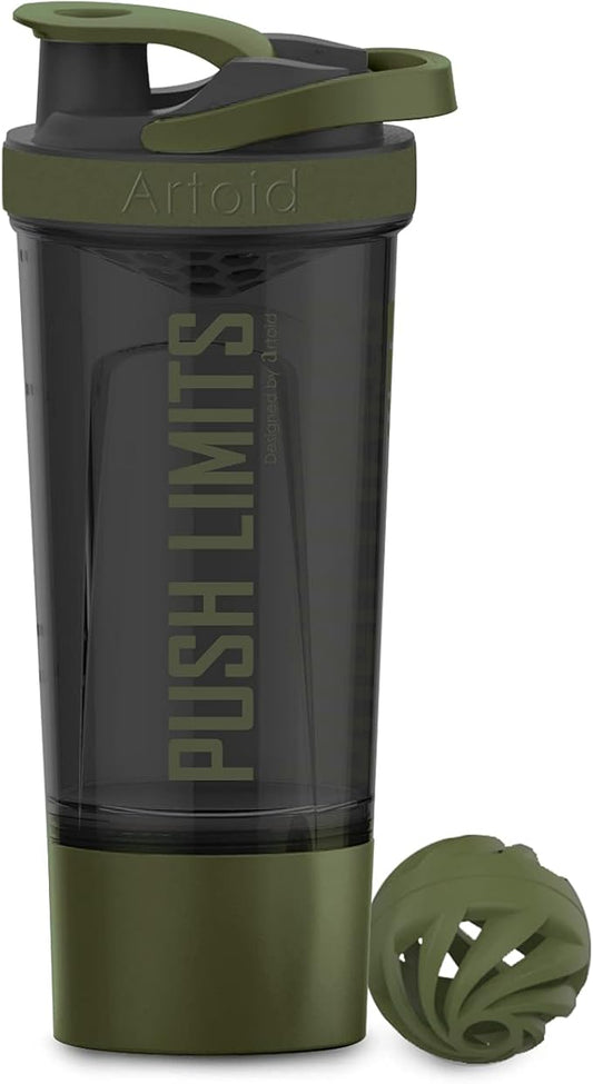 Artoid Sports Protein Shaker Bottle, 24-Ounce, Dual Mixing Technology, BPA Free, Black/Moss Green