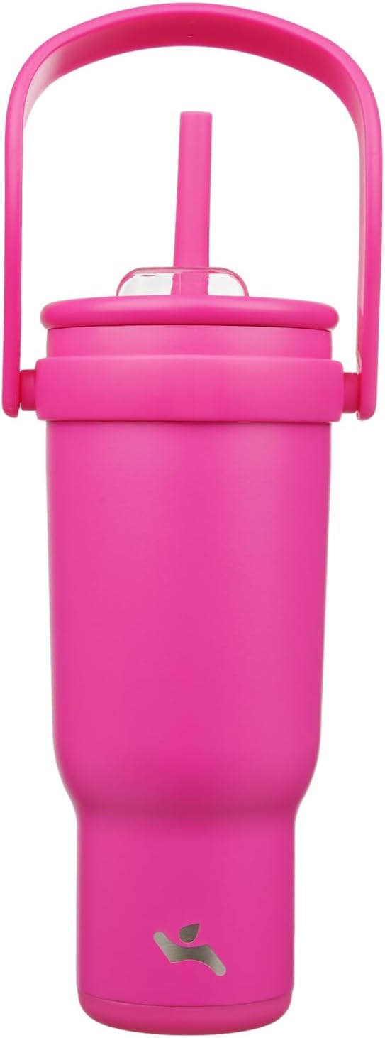 40 oz Tumbler with Side Handle, Insulated Water Bottle with Straw and 2 in 1 Lid, Stainless Steel Cup Travel Coffee Mug for Sports Office Gym,Fuchsia