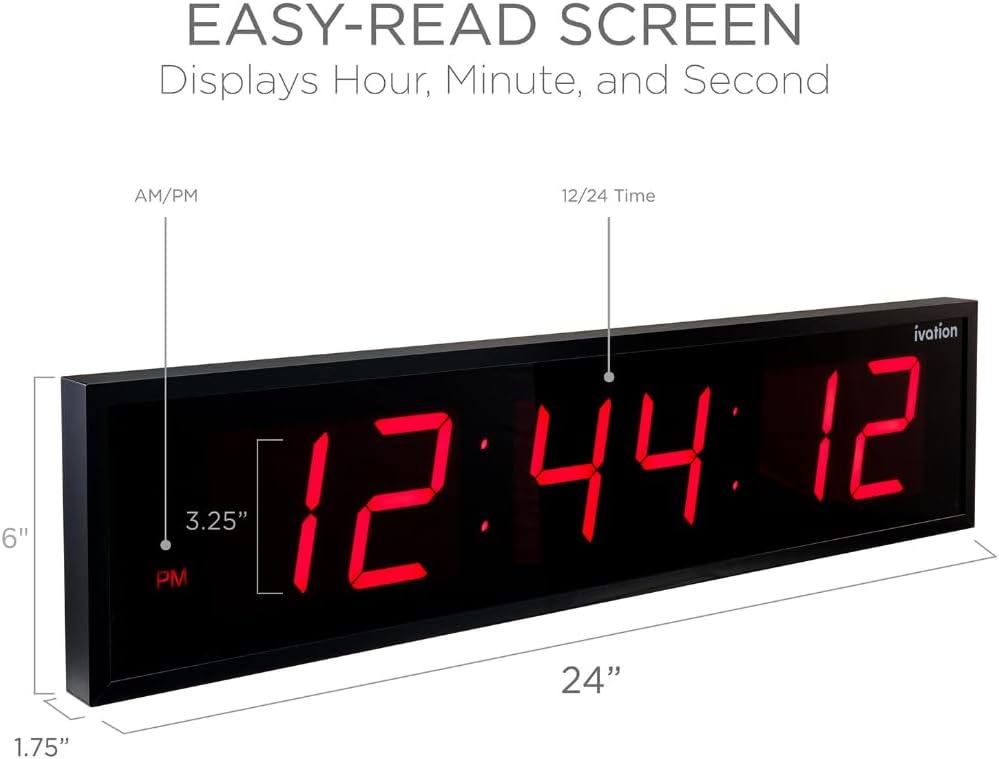 Ivation Oversized 24" Large Digital LED Clock | Big Digital Clock w/Multi-Function Display – Stopwatch, Timer, Alarms, Temp & Date | 6 Brightness Levels, Time Memory & Remote (Red)