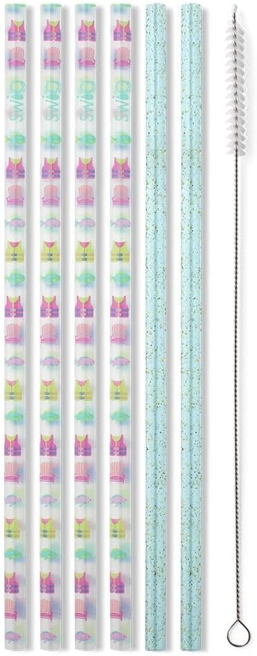Swig Life Reusable Straws Lake Girl+ Aqua Glitter Tall Straw Set & Cleaning Brush, Each Straw is 10.25 inch Long (Fits Swig Life 20oz Tumblers, 22oz, and 32oz Tumblers)