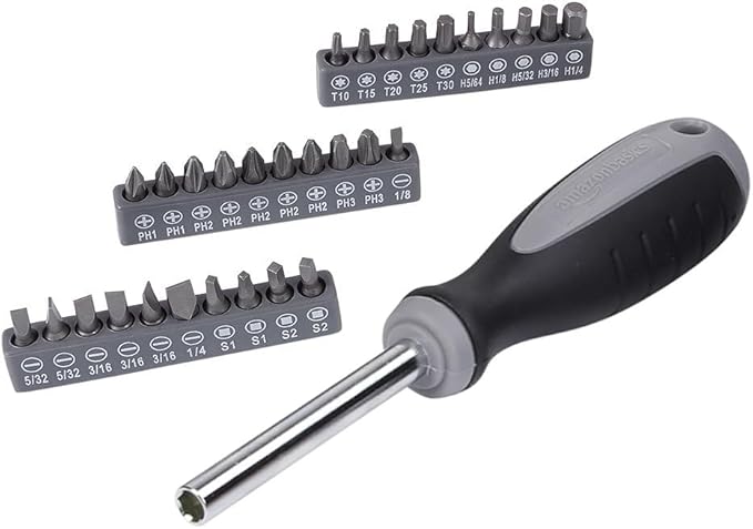 Amazon Basics 65 Piece Home Basic Repair Tool Kit Set With Bag, Silver, Black