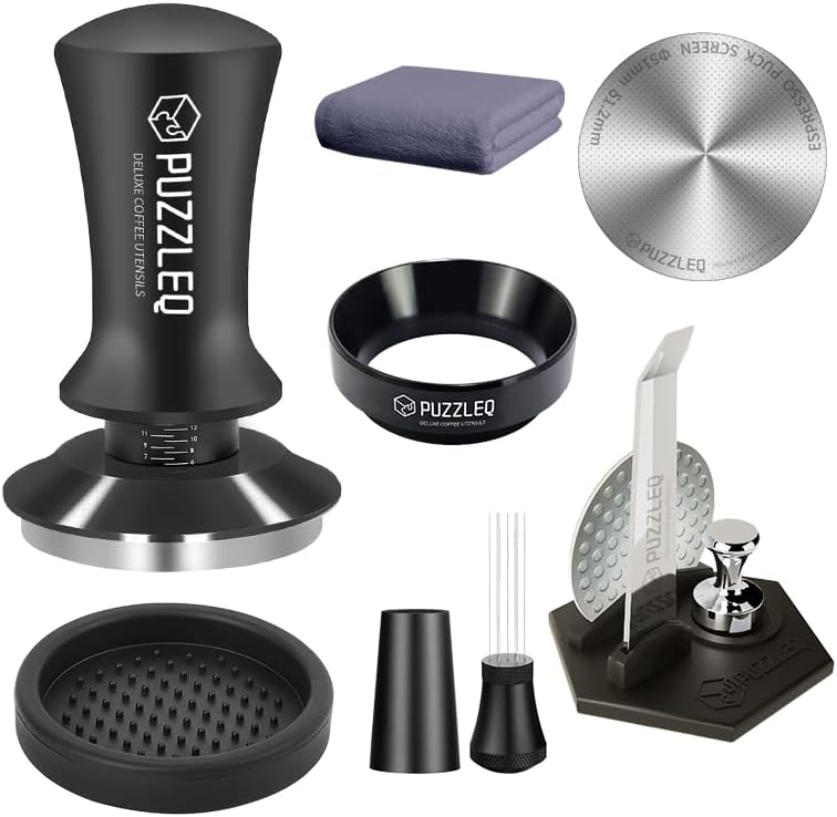 51mm Espresso Accessories Kit, Spring Loaded Calibrated Tamper,mat，WDT Tool，Dosing Funnel，Puck Screen kit，Basket Removal Tool ，Cleaning ClothSet， Fits Espresso Coffee Machines and 51 mm Portafilters