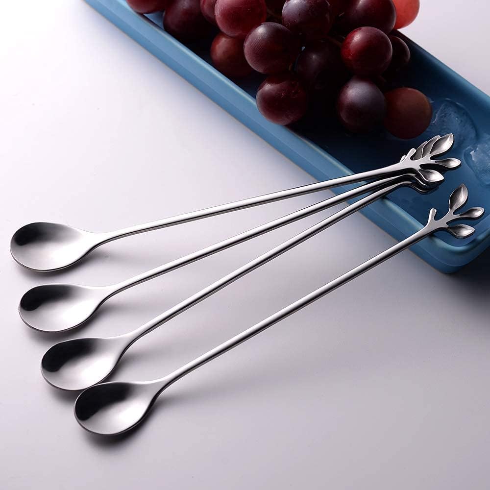 AnSaw 6-Piece Elegant Silver Leaf Long Handle Teaspoons - 7.4" Stainless Steel Stir Spoons for Coffee & Tea, Perfect for Mixing & Stirring