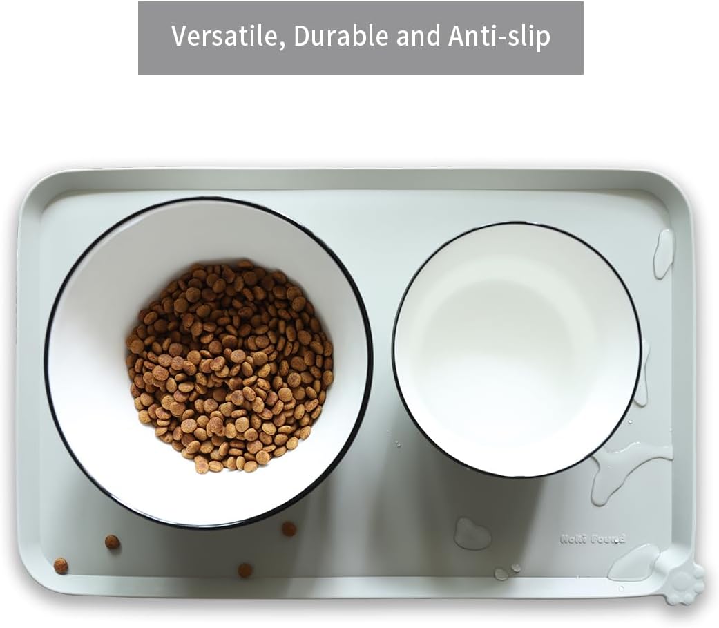 Hoki Found Silicone Pet Food Tray - High-Lips Dog Cat Bowl Mats - Waterproof Dog Cat Food Mats - Battleship