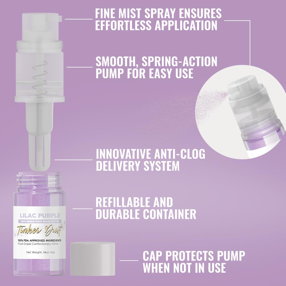 Bakell - Lilac Purple Tinker Dust (4g, 1x Mini Spray Pump) Edible Glitter for Food, Desserts, and Beverages!