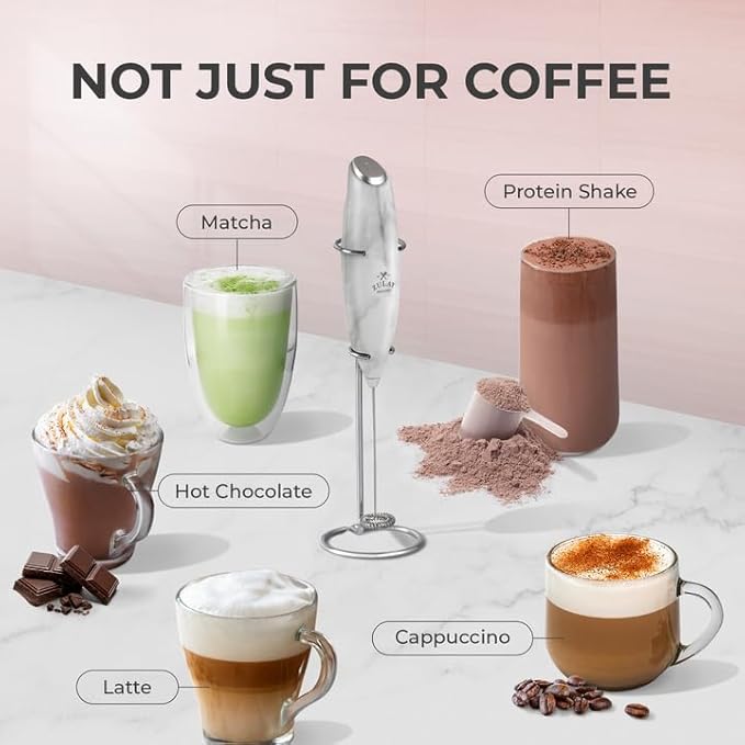Zulay Powerful Milk Frother (4 Duracell Batteries Included) - Handheld Milk Frother Wand Drink Mixer for Coffee - Powerful Milk Foamer for Cappuccino, Frappe, Matcha & Coffee Creamer - Marble