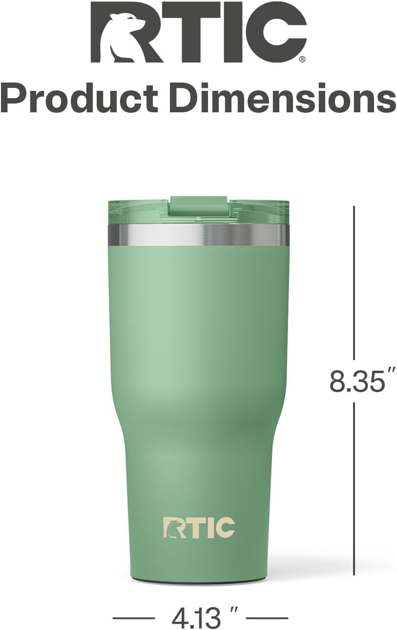 RTIC 30oz Essential Tumbler with Lid, Insulated, Stainless Steel, Metal, Double Wall Vacuum-Insulation, Ceramic Lined, Travel Cup for Iced Coffee, Tea, Hot and Cold Drink, Sage