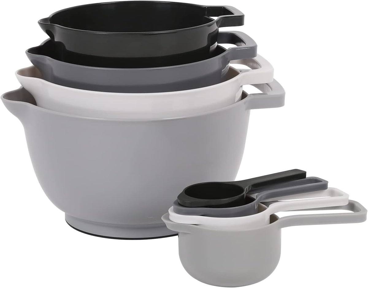 BoxedHome 8 Pack Classic Nesting Mixing Bowl Set with 4 Measuring Cups, Plastic Mixing Bowls with Pour Spouts and Handles(Gray)