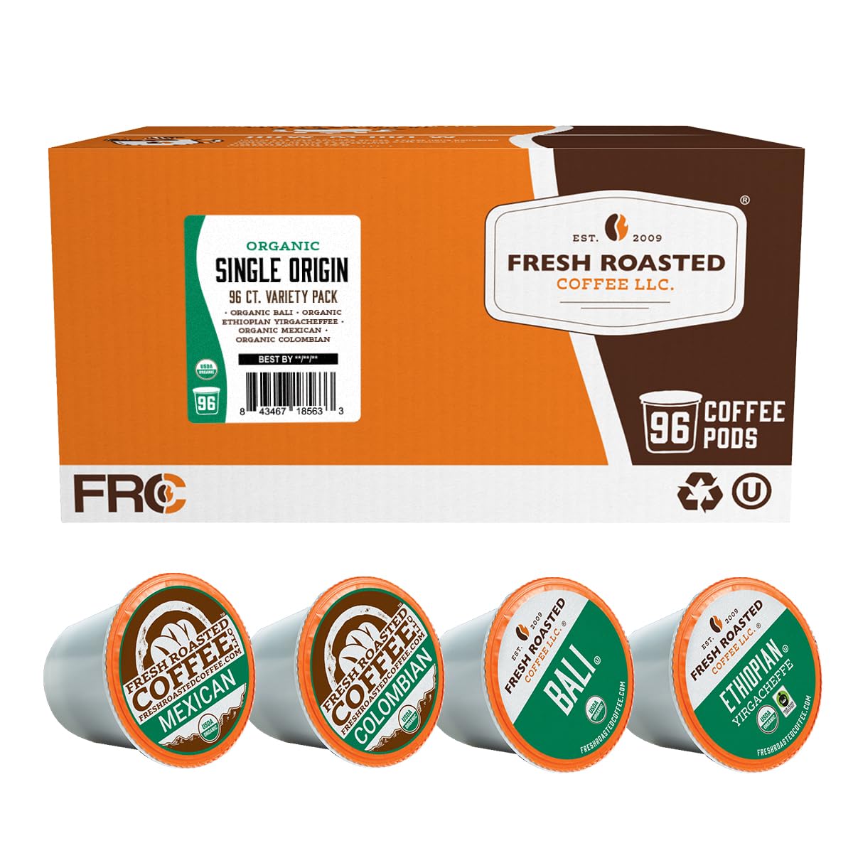 Fresh Roasted Coffee, Organic Single-Origin Variety Pack | USDA Organic, Kosher | K-Cup Compatible, 96 Pods