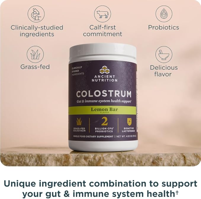Ancient Nutrition Colostrum Superfood Powder, Grass Fed Bovine Colostrum, Supports Healthy Gut Microbiome and Immune System, Clinically Studied Lactoferrin & Probiotics, Lemon Bar, 60 Servings