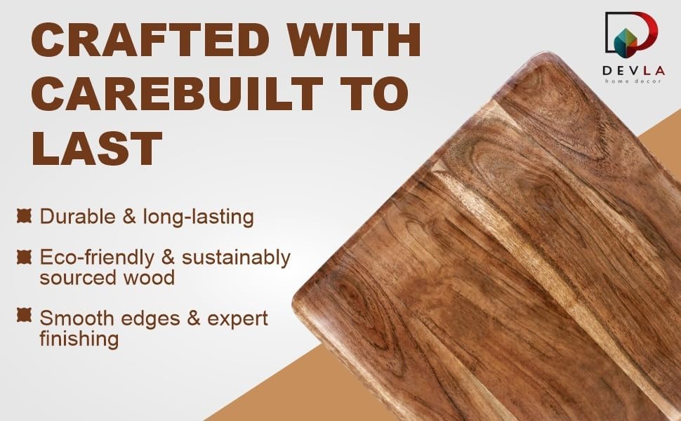 DEVLA Square Acacia Wood Plates, 11 Inch, Set of 2, Wooden Serving Trays for Meals and Snacks