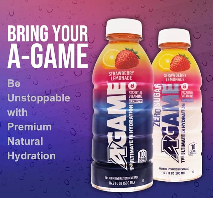 A-Game Zero Sugar Sports Drink, Strawberry Lemonade Zero, Sugar Free Hydration Sports Beverage, 8 Vitamins Plus Electrolytes, Natural Flavors, Gluten Free & Keto Friendly, 16.9 Fl Oz (Pack of 12)