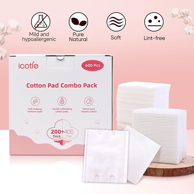 600 PCS Square Cotton Pads, Soft and Lint-Free, Includes 400 Ultra-Thin and 200 Thick Pads, Hypoallergenic Makeup Remover for Face, Eyes and Lips and Daily Skin Care