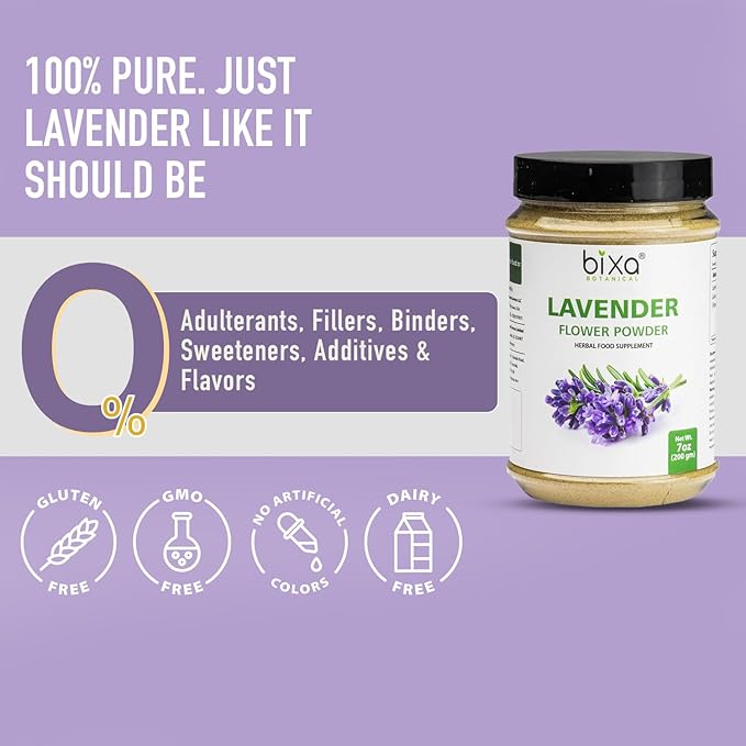 bixa BOTANICAL Lavender Powder for Drinks|Lavandula angustifolia|Lavender for Coffee, Baking, Lattes, Smoothies & Tea|Edible Culinary Powder|100% Pure,Non GMO, 140+ Years of Herbal Heritage, 200g/7oz