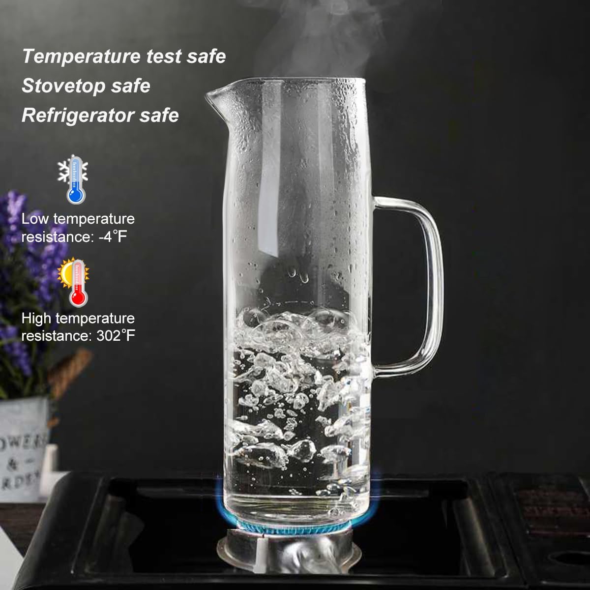 Joeyan 1.5 Liter 51oz Glass Pitcher with Lid, Fridge Door Glass Water Jug, Easy Clean Heat Resistant Water Carafe for Hot and Cold Beverages,Coffee, Iced Tea & Juice, Including Long-Handled Brush