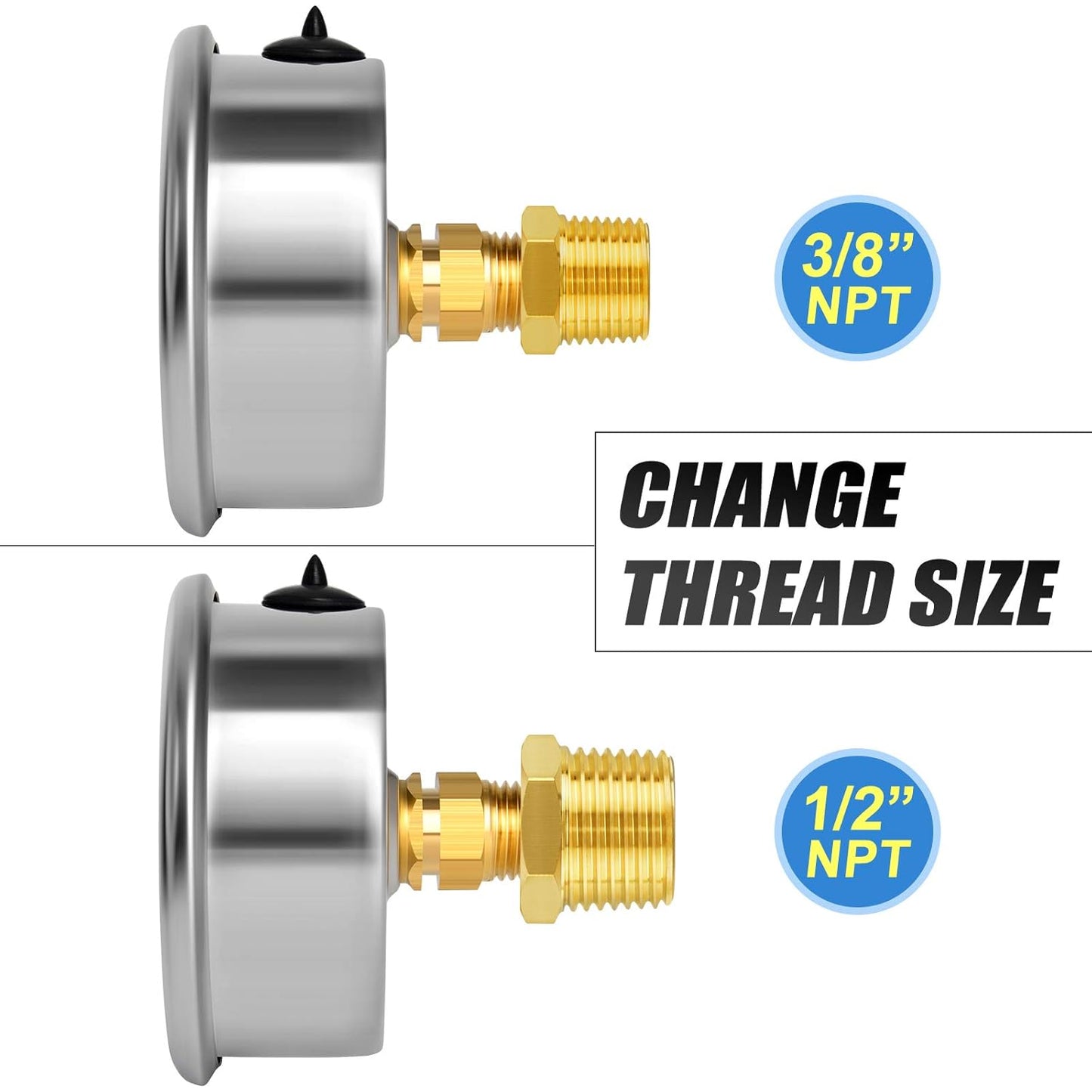 MEANLIN MEASURE 0~15Psi Stainless Steel 1/4" NPT 2.5" FACE DIAL Liquid Filled Pressure Gauge WOG Water Oil Air Center Back Mount, with 1/4" x 1/2" NPT and 1/4" x 3/8" NPT Hex Bushing