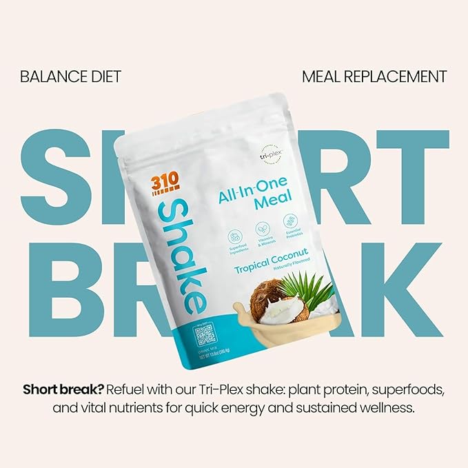 310 Nutrition All-In-One Meal Replacement Shake Powder - Plant-Based Protein Smoothie Blend w/High Fiber, Probiotics & Adaptogens - Low Carb, Vegan, Keto & Paleo Friendly - Tropical Coconut - 14 Srv