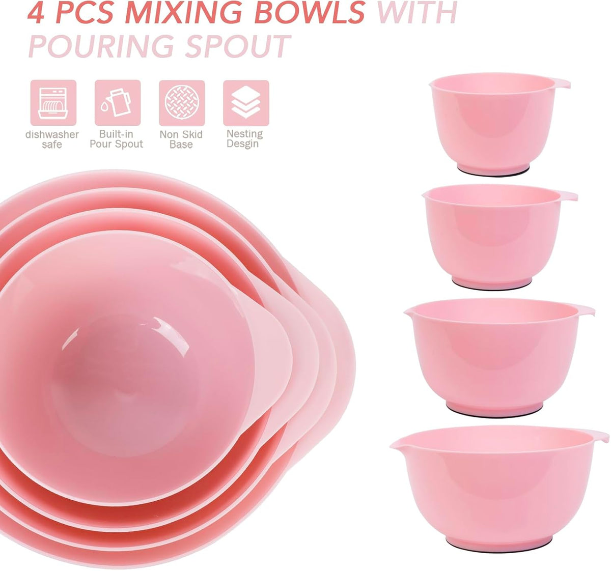BoxedHome 4 Quart Large Plastic Mixing Bowls, Microwave Safe Mixing Bowl Set with Pour Spout, Nesting Bowls for Space Saving Storage(Fading Rose)