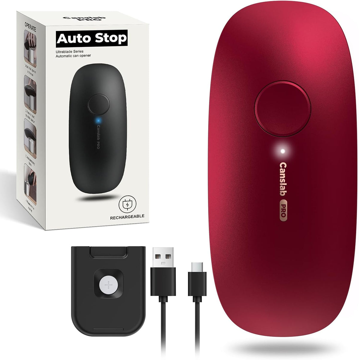 Ultrablade PRO Auto Stop Can Opener - Rechargeable Electric Can Opener for Kitchen for Seniors with Arthritis- One touch Side Cut Can Opener, Smooth Edge, Handfree, Portable Small Size, Red