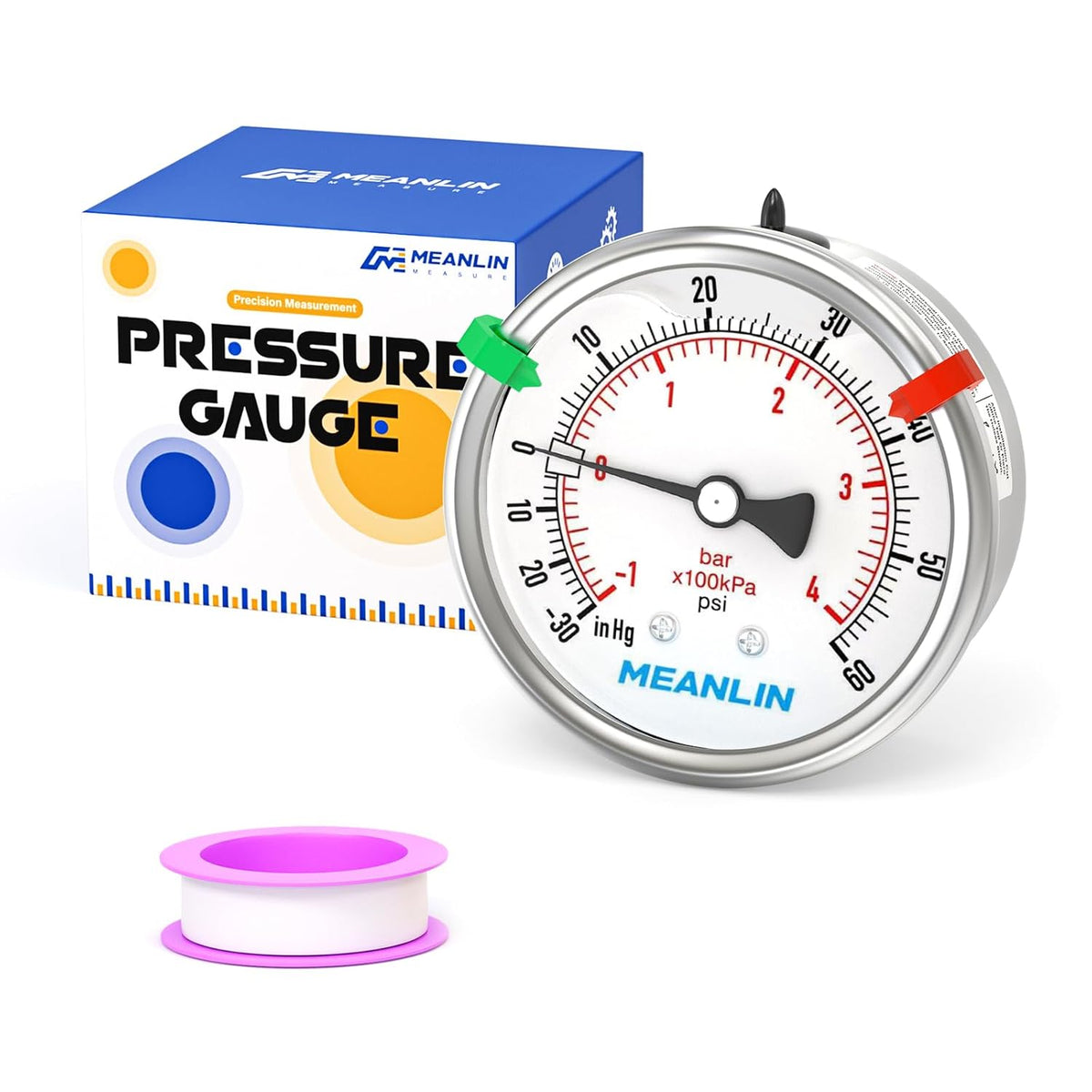 MEANLIN MEASURE -30inHG~60Psi Vacuum Pressure Gauge 316 Stainless Steel Joint 1/4" NPT 2.5" FACE DIAL, Stainless Steel Liquid Filled Pressure Gauge WOG Water Oil Air Back Mount, 2PCS Snaps