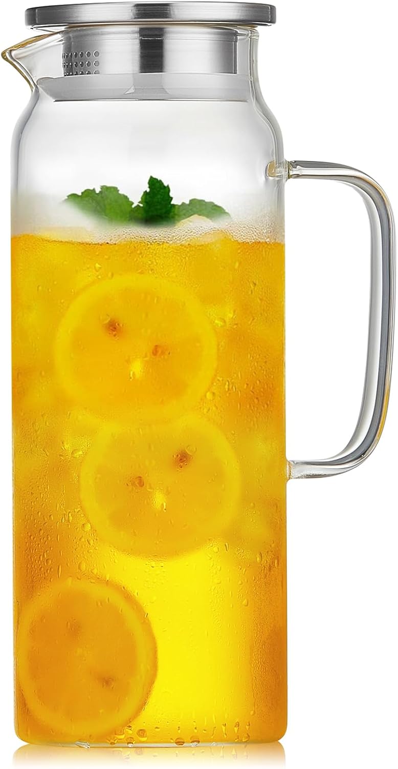 53OZ Glass Pitcher with Lid and Spout, Water Jug, 1580ml Carafe for Hot/Cold Water, Large Iced Tea Pitcher for Coffee, Juice and Homemade Beverage