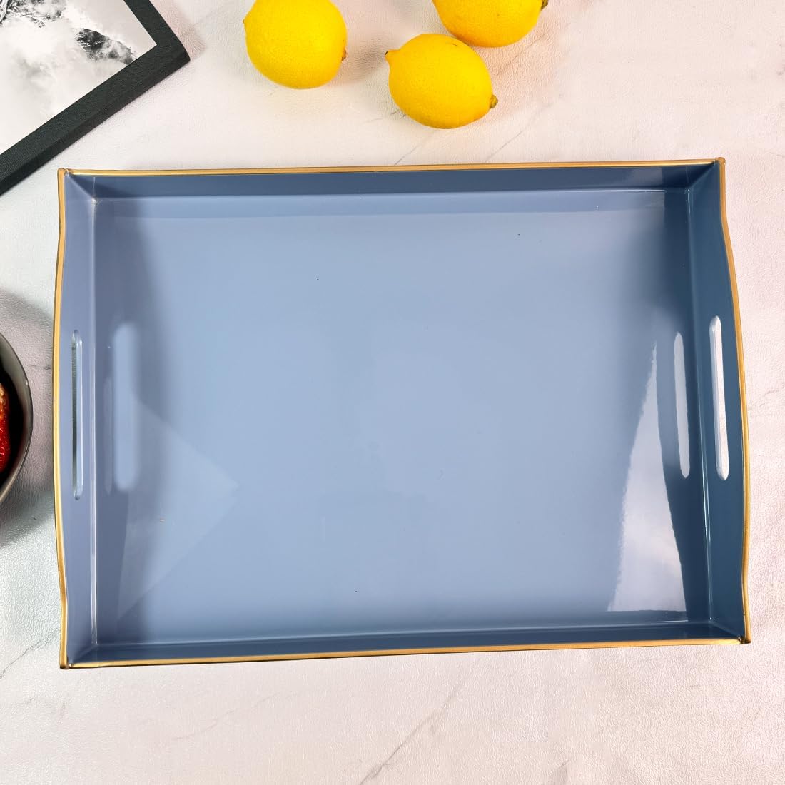 Blue Serving Tray with Handles, Plastic Decorative Tray for Coffee Table, Ottoman - Ideal for Living Room & Bathroom. 15” x 11” x 2.5”