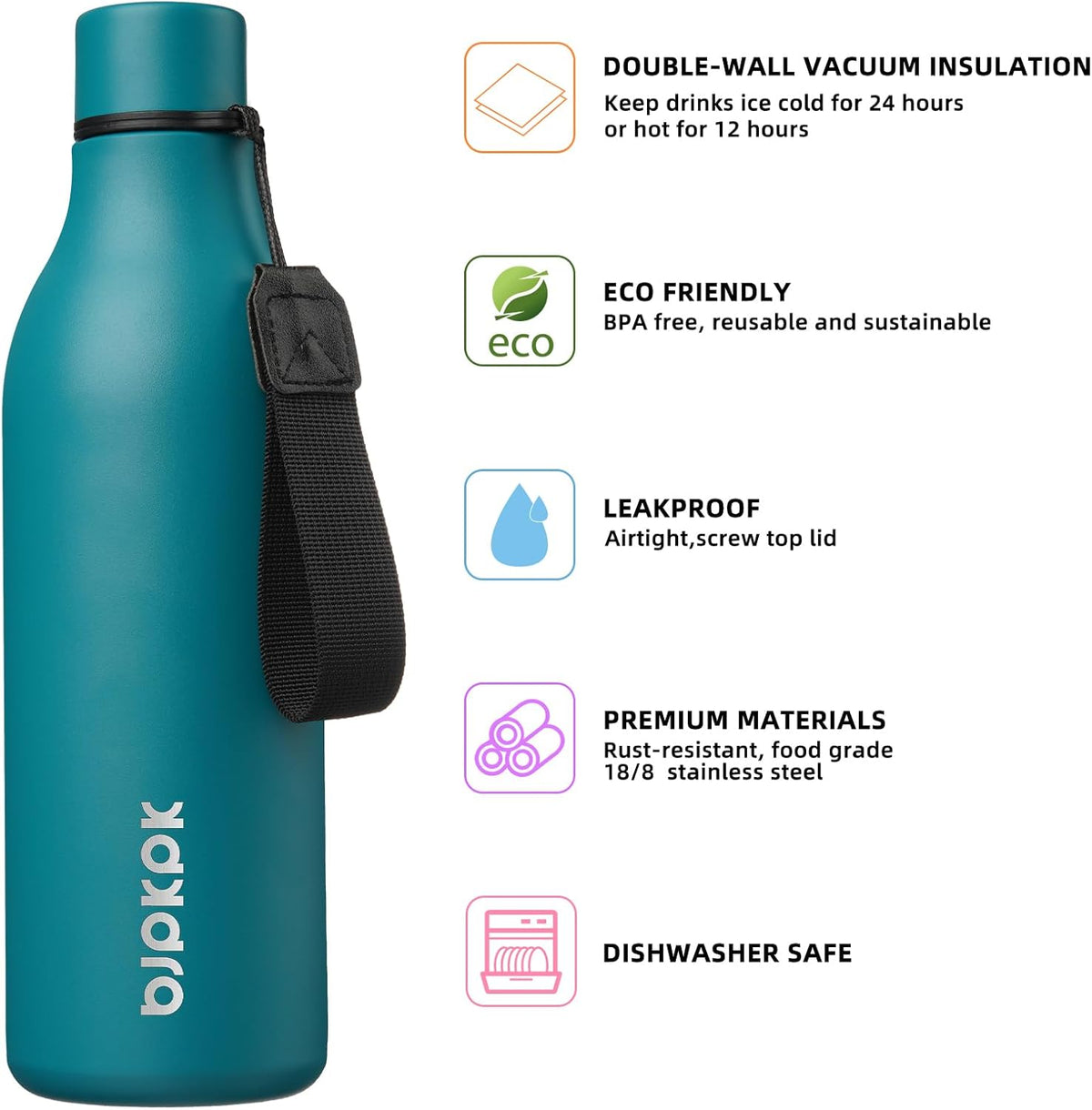 BJPKPK Insulated Water Bottles, 25 oz Stainless Steel Metal Water Bottle with Strap, BPA Free Leak Proof Thermos, Mugs, Flasks, Reusable Water Bottle for Sports & Travel, Lake Blue
