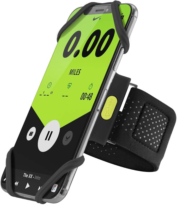 BONE Run Tie, Running Cell Phone Holder, Skin-Friendly & Washable Silicone Sport Armband, Universal Workout Phone Carrier Compatible with Most Smartphone (Black - Size S/Arm Size 7.9-9.8'')