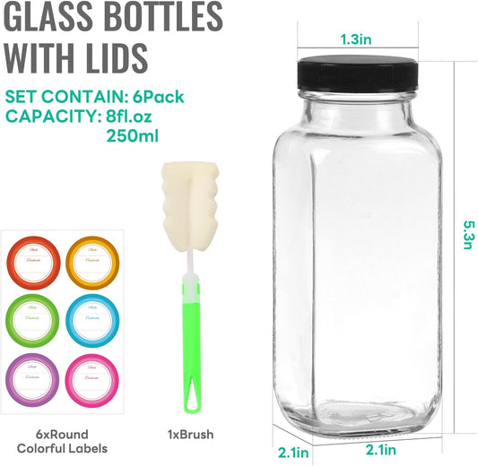 8 oz Glass Juice Bottles with Lids 6 Pack,Reusable Glass Drink Bottles,250ml Water Drinking Jars for Milk,Juicing,Kombucha,Ginger,Beverage Glassware,Juice Drinking Jars