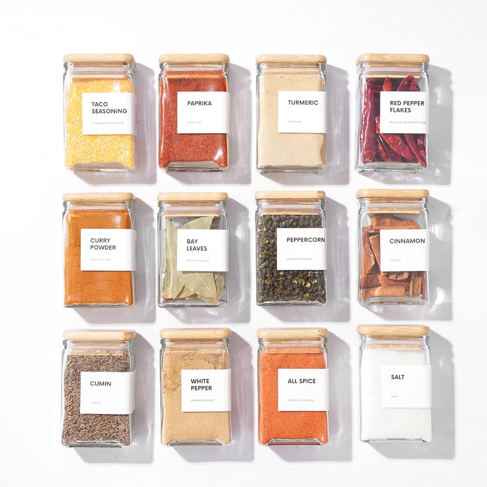 Glass Square Spice Jars with Labels, 4oz Glass Jars with Bamboo Lids, Spice Bottles, Seasoning Organizer, 12 Pack (White)