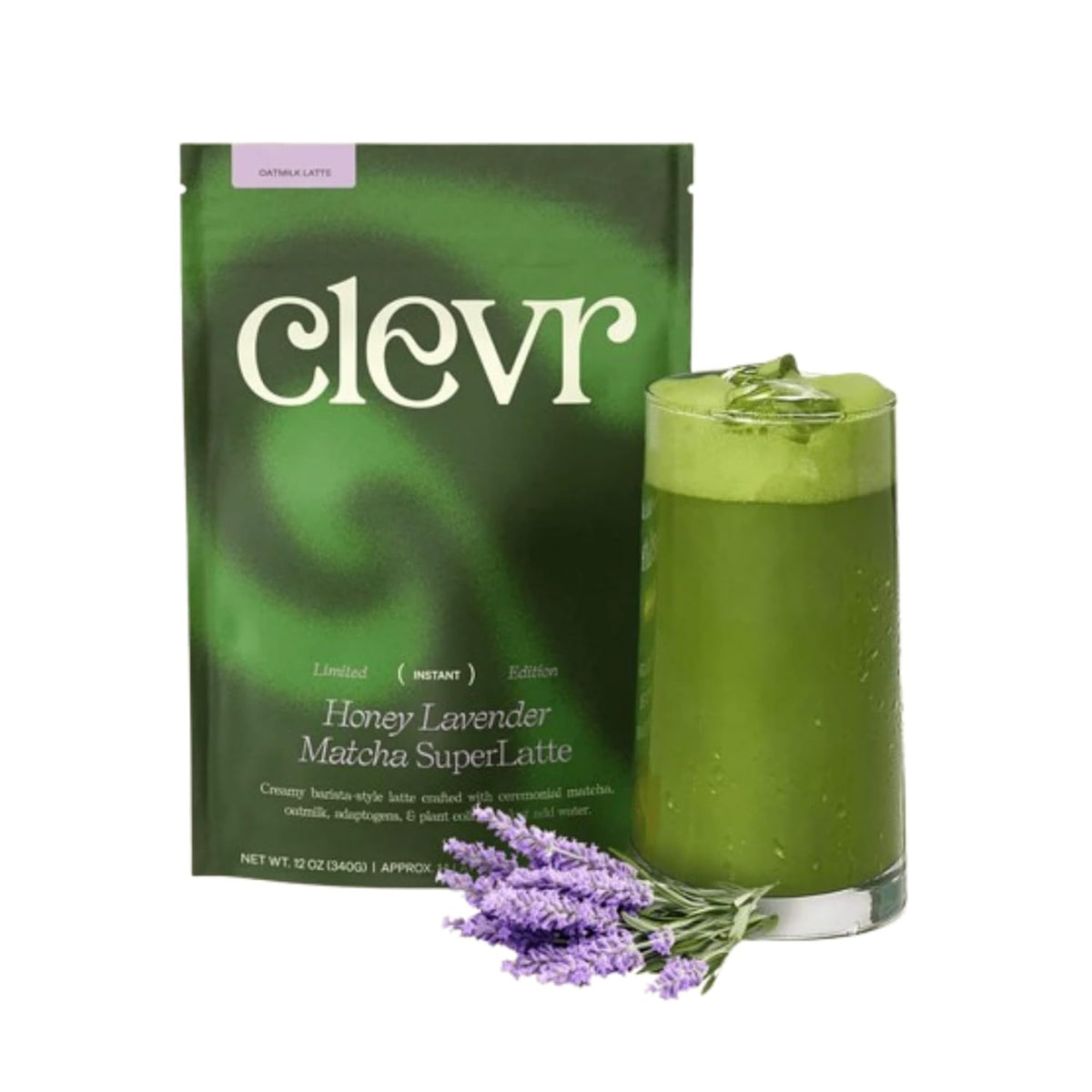 Clevr Blends Organic Honey Lavender Matcha SuperLatte, Instant Ceremonial Grade, Superfood Powder Blend, Oat Milk, Lion Mane, Reishi Mushroom, Coconut Cream, Ashwagandha, Serve Hot or Iced (14 Lattes)